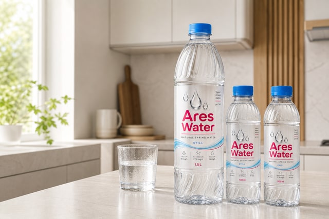 Ares Water 500ml and 1.5L bottles in a bright kitchen