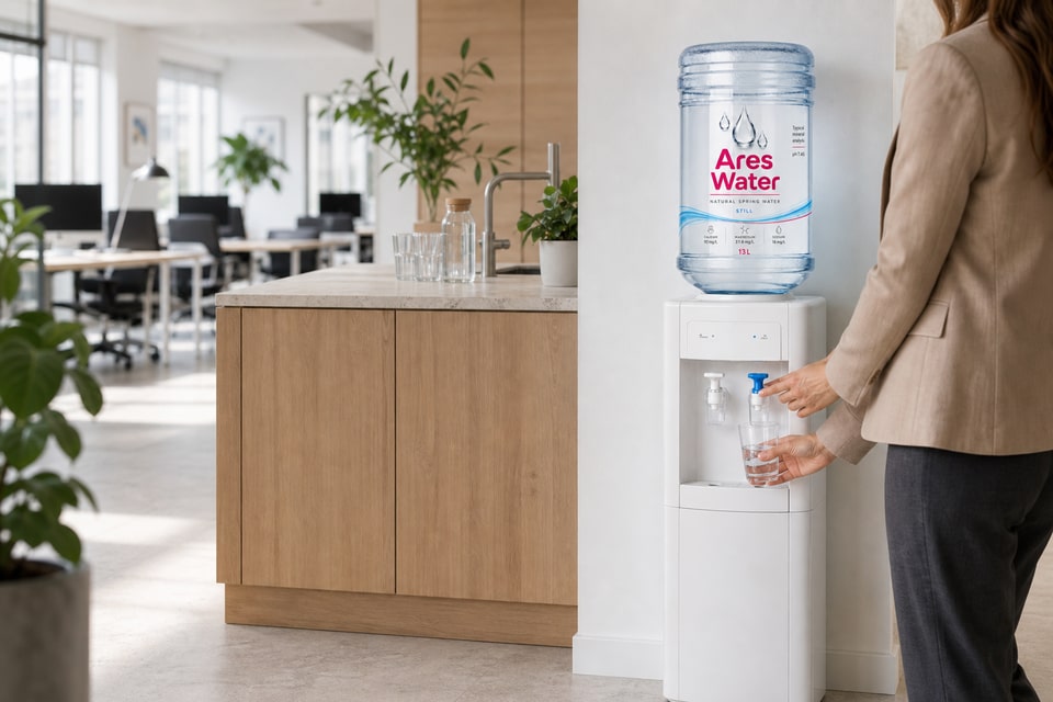 Concept image of an Ares Water floor-standing cooler dispenser in a workplace