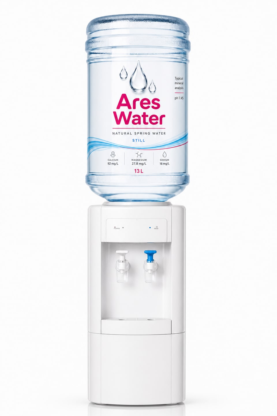 Concept pack shot of Ares Water 13L cooler bottle