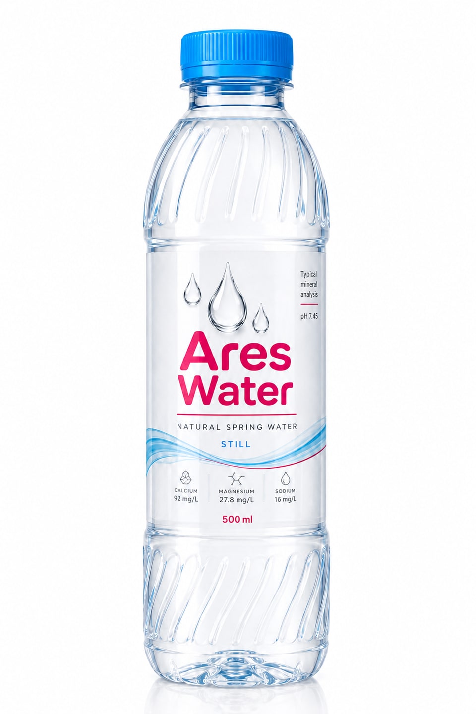 Concept pack shot of Ares Water 500ml bottle