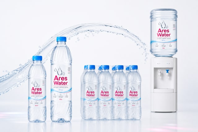The Ares Water bottled range with cooler service shown as a secondary option